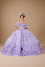 Lilac Off Shoulder Bow Quinceanera Dress Ruffle Sleeve Applique Glitter Tulle Ball Gown (ZD17600)