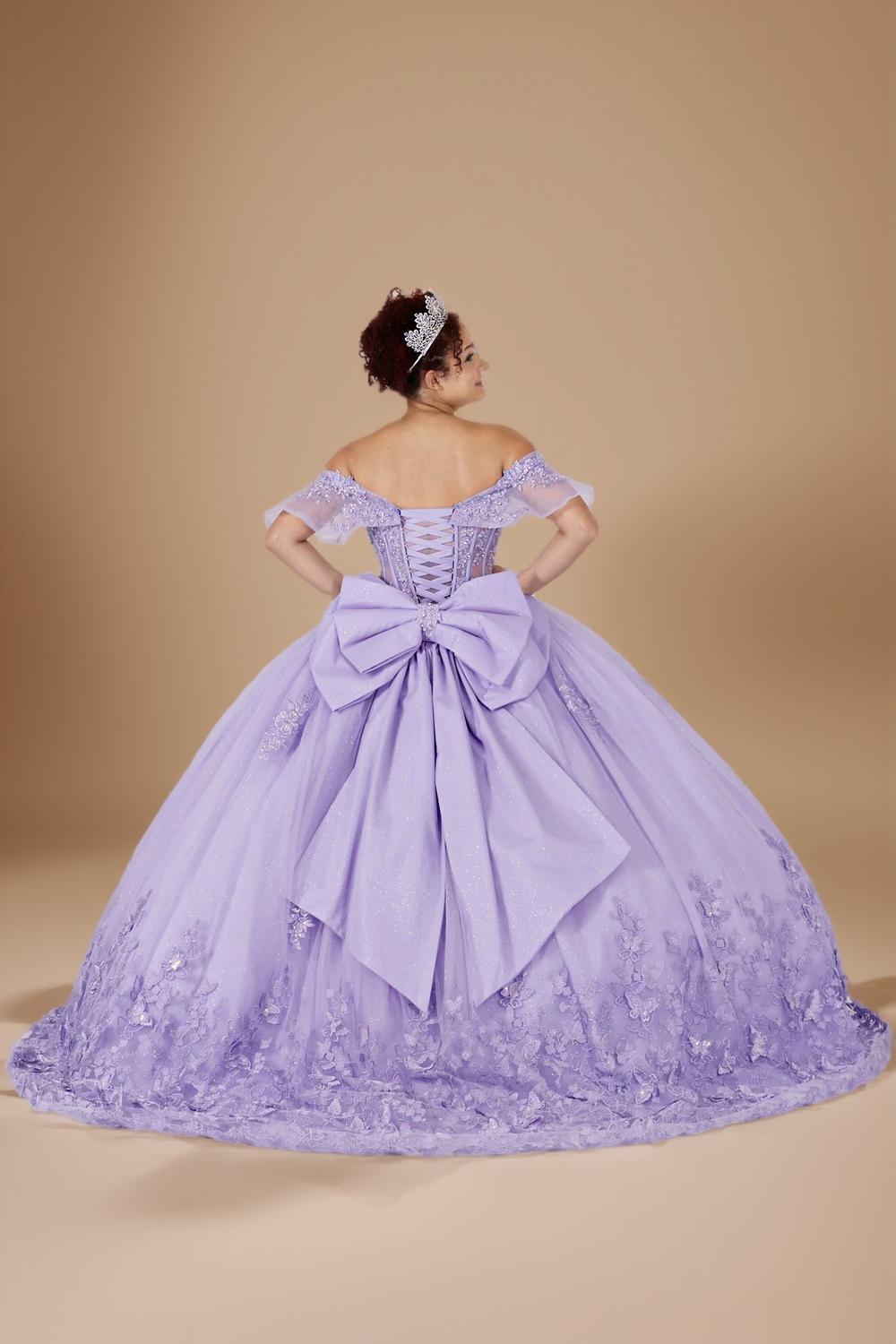 Lilac Off Shoulder Bow Quinceanera Dress Ruffle Sleeve Applique Glitter Tulle Ball Gown (ZD17600)