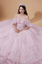 Lilac Off Shoulder Bow Quinceanera Dress Ruffle Sleeve Applique Glitter Tulle Ball Gown (ZD17600)