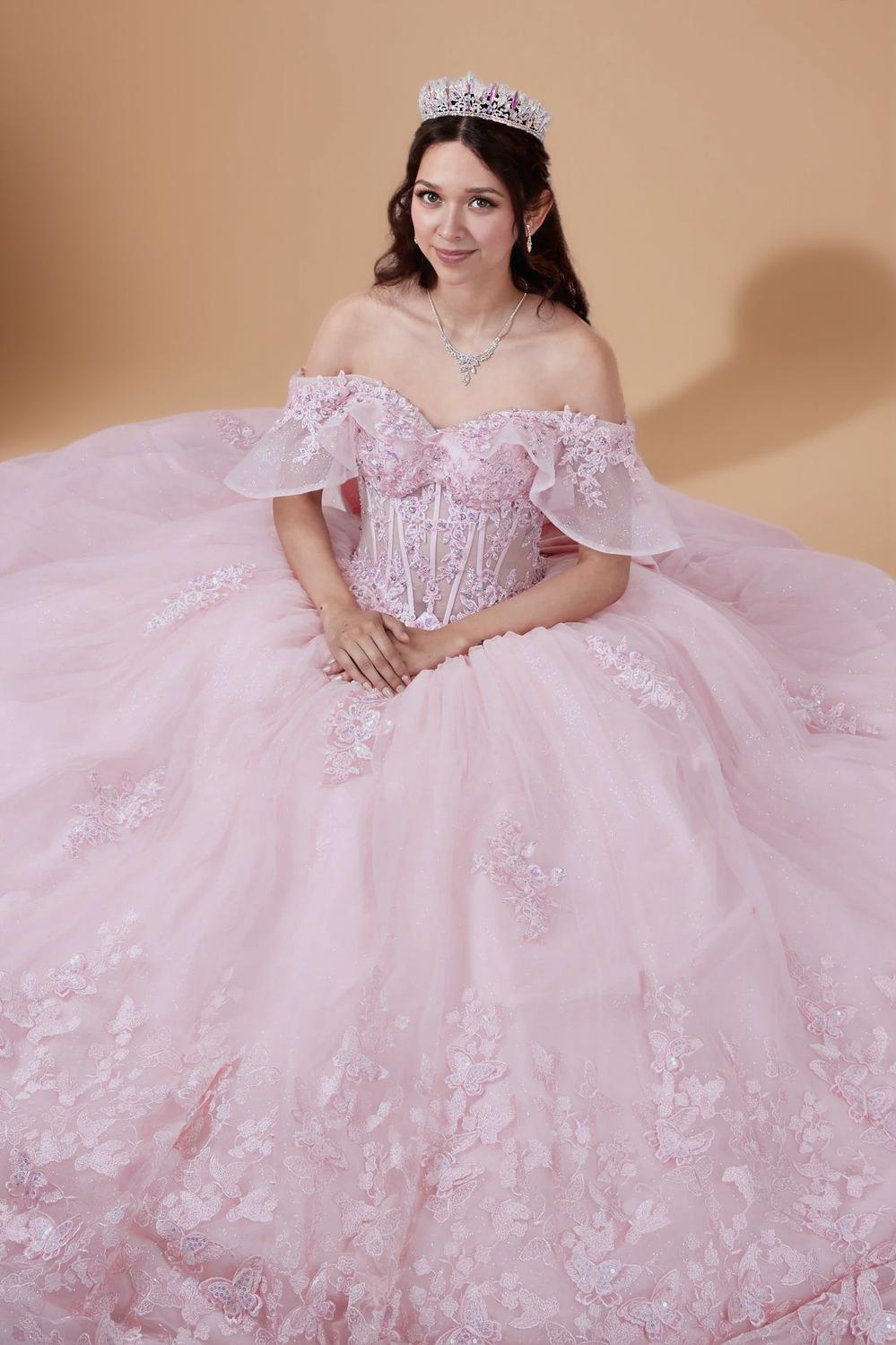 Lilac Off Shoulder Bow Quinceanera Dress Ruffle Sleeve Applique Glitter Tulle Ball Gown (ZD17600)