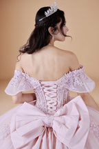 Lilac Off Shoulder Bow Quinceanera Dress Ruffle Sleeve Applique Glitter Tulle Ball Gown (ZD17600)