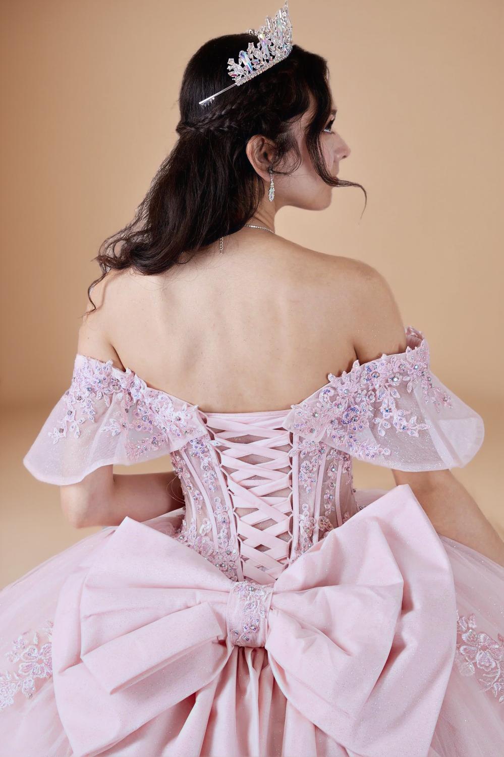 Lilac Off Shoulder Bow Quinceanera Dress Ruffle Sleeve Applique Glitter Tulle Ball Gown (ZD17600)