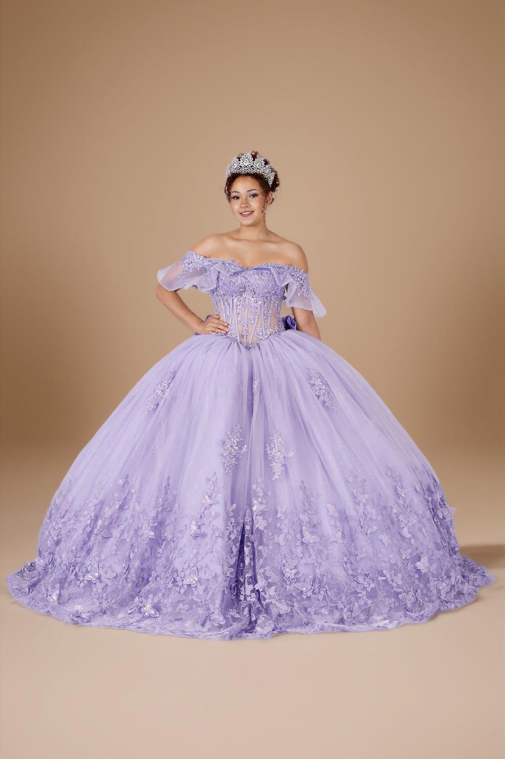 Lilac Off Shoulder Bow Quinceanera Dress Ruffle Sleeve Applique Glitter Tulle Ball Gown (ZD17600)