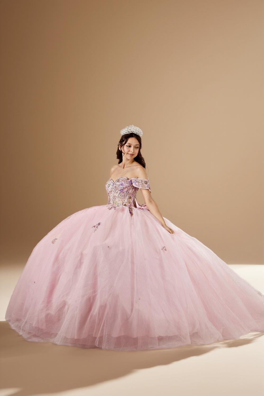 Blush Multi Off Shoulder Quinceanera Dress Floral Applique Bow Glitter Tulle Ball Gown (ZD17601)