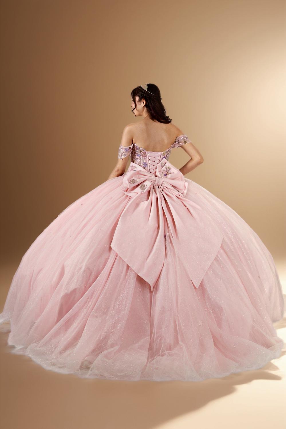 Blush Multi Off Shoulder Quinceanera Dress Floral Applique Bow Glitter Tulle Ball Gown (ZD17601)