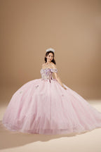 Blush Multi Off Shoulder Quinceanera Dress Floral Applique Bow Glitter Tulle Ball Gown (ZD17601)