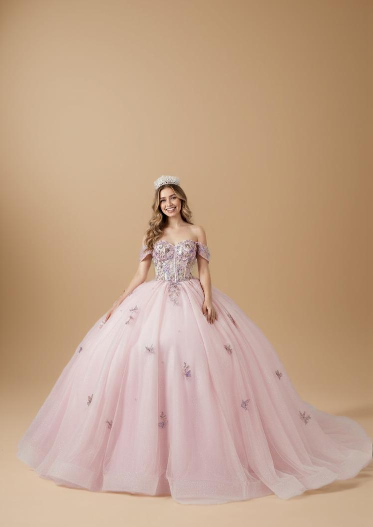 Blush Multi Off Shoulder Quinceanera Dress Floral Applique Bow Glitter Tulle Ball Gown (ZD17601)