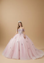 Blush Multi Off Shoulder Quinceanera Dress Floral Applique Bow Glitter Tulle Ball Gown (ZD17601)