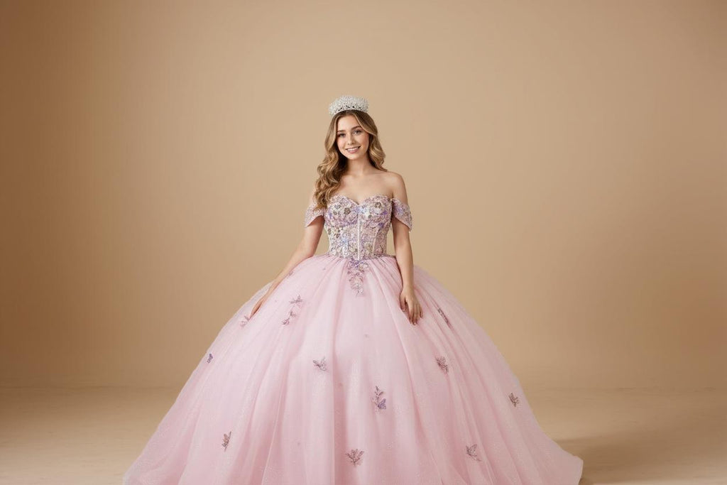 Blush Multi Off Shoulder Quinceanera Dress Floral Applique Bow Glitter Tulle Ball Gown (ZD17601)