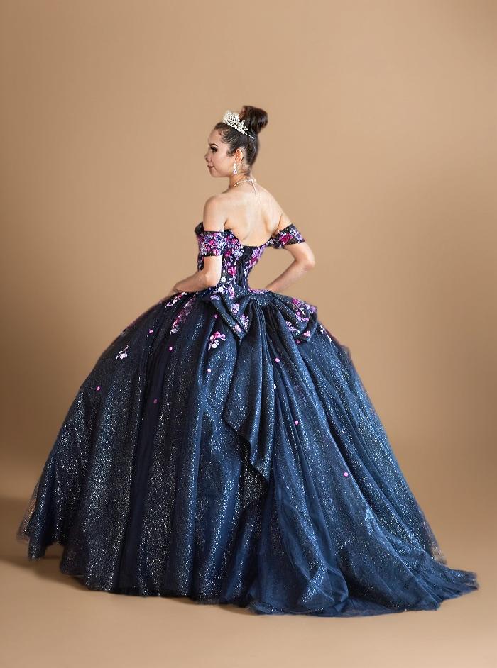 Blush Multi Off Shoulder Quinceanera Dress Floral Applique Bow Glitter Tulle Ball Gown (ZD17601)
