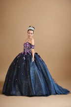 Blush Multi Off Shoulder Quinceanera Dress Floral Applique Bow Glitter Tulle Ball Gown (ZD17601)