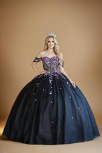 Blush Multi Off Shoulder Quinceanera Dress Floral Applique Bow Glitter Tulle Ball Gown (ZD17601)