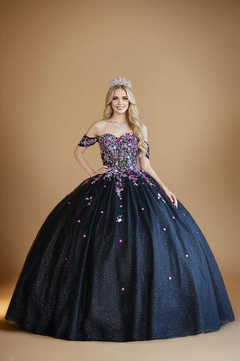 Blush Multi Off Shoulder Quinceanera Dress Floral Applique Bow Glitter Tulle Ball Gown (ZD17601)