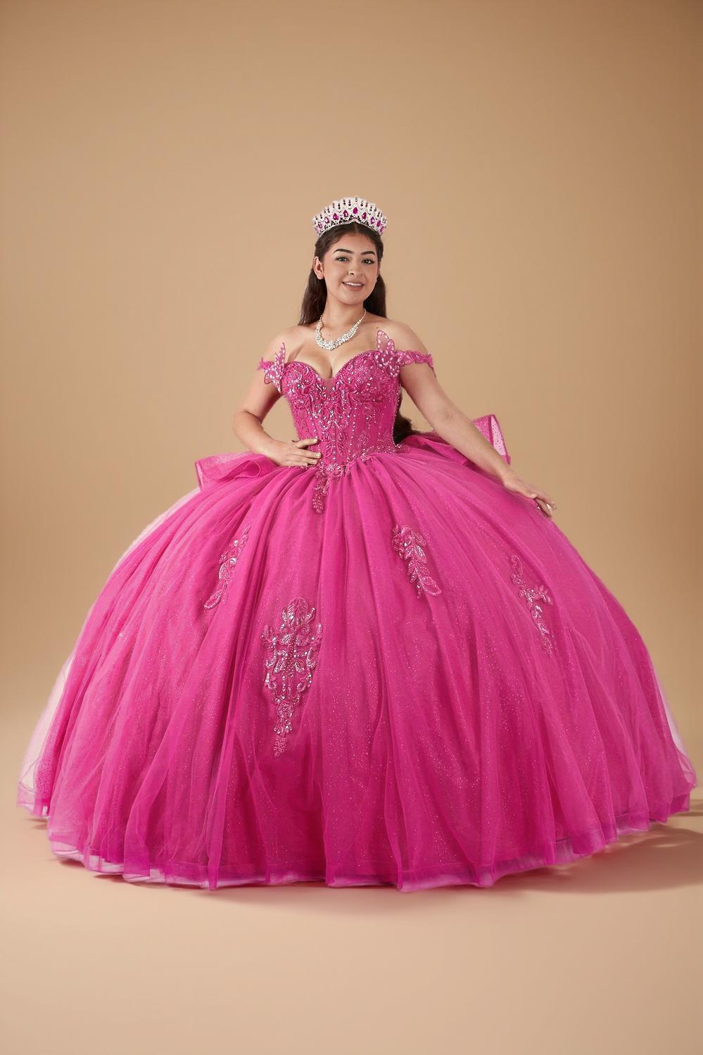 Fuchsia 3D Butterfly Off Shoulder Quinceanera Dress Glitter Tulle Ball Gown (ZD17602)