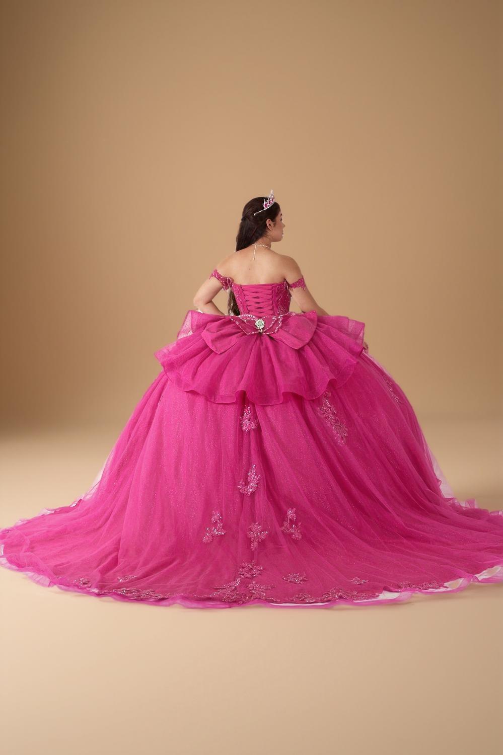 Fuchsia 3D Butterfly Off Shoulder Quinceanera Dress Glitter Tulle Ball Gown (ZD17602)