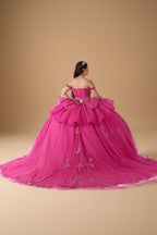 Fuchsia 3D Butterfly Off Shoulder Quinceanera Dress Glitter Tulle Ball Gown (ZD17602)