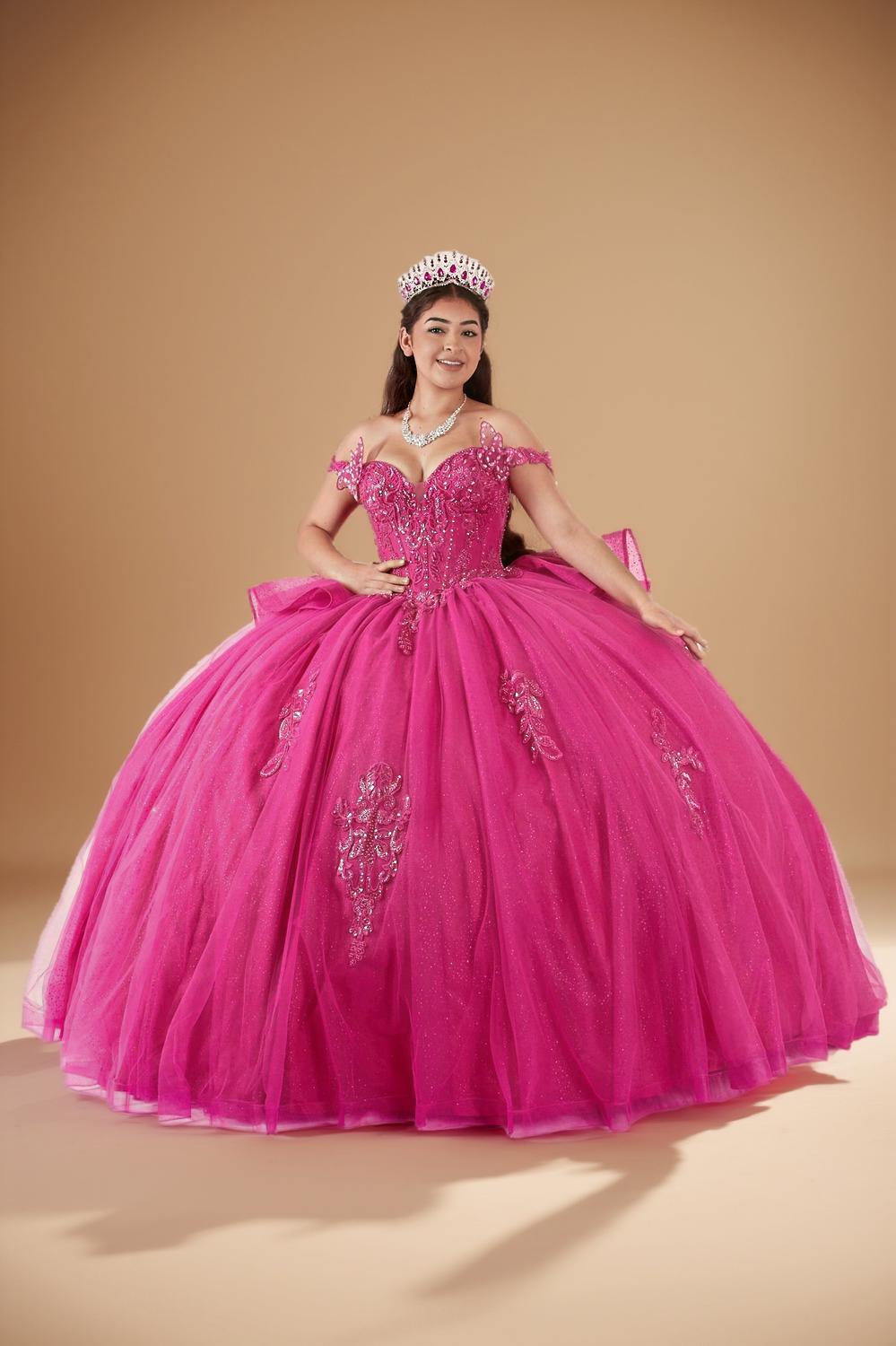 Fuchsia 3D Butterfly Off Shoulder Quinceanera Dress Glitter Tulle Ball Gown (ZD17602)