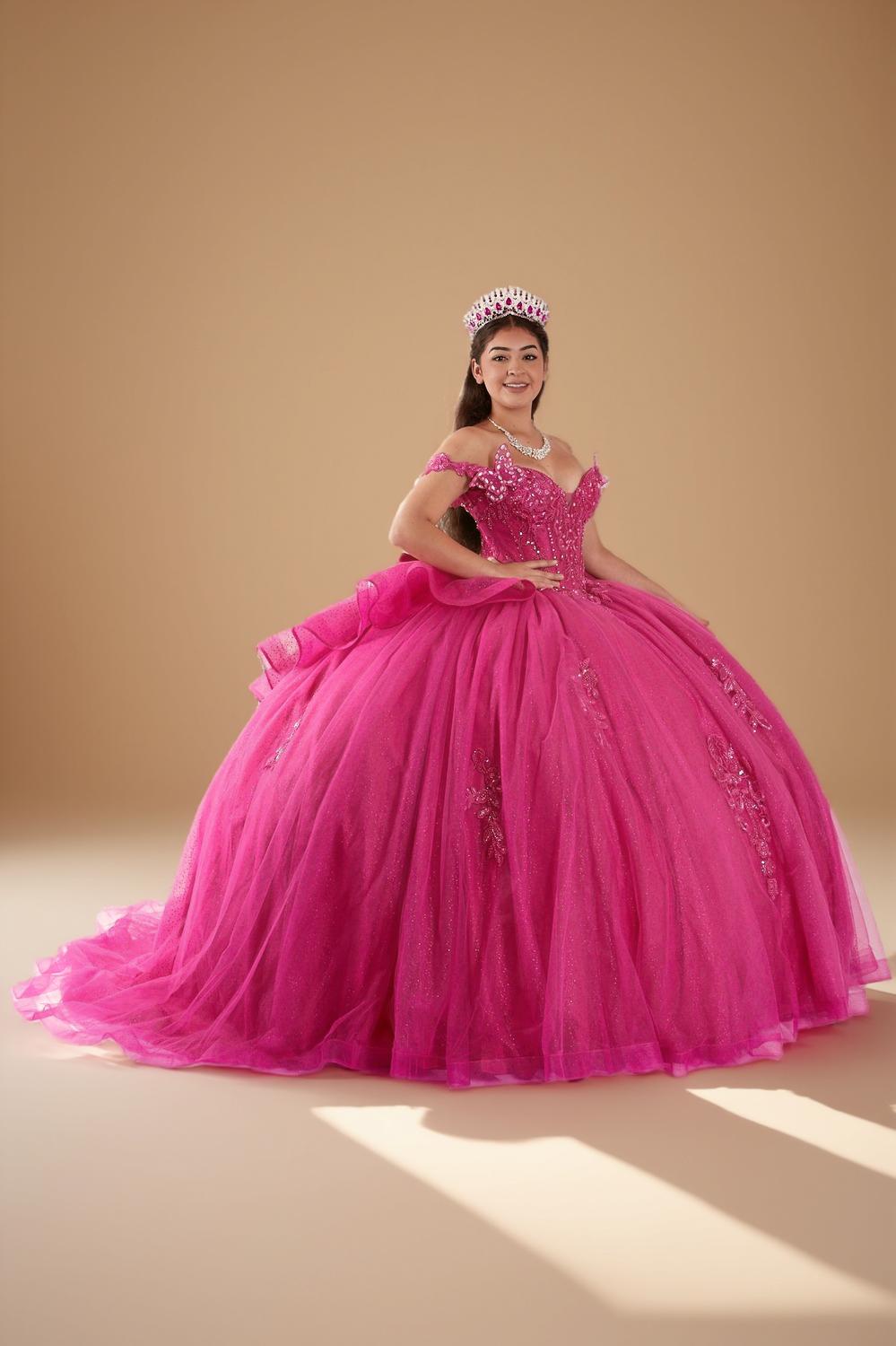 Fuchsia 3D Butterfly Off Shoulder Quinceanera Dress Glitter Tulle Ball Gown (ZD17602)