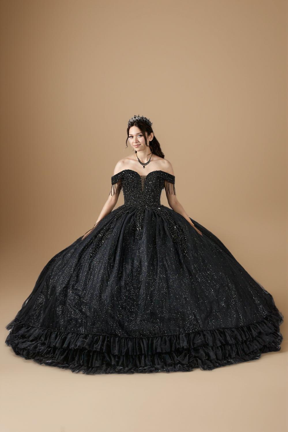 Black Off Shoulder Fringe Quinceanera Dress Beaded Applique Glitter Tulle Ball Gown (ZD17603)