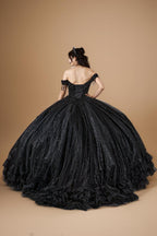 Black Off Shoulder Fringe Quinceanera Dress Beaded Applique Glitter Tulle Ball Gown (ZD17603)