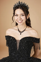 Black Off Shoulder Fringe Quinceanera Dress Beaded Applique Glitter Tulle Ball Gown (ZD17603)