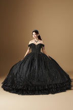 Black Off Shoulder Fringe Quinceanera Dress Beaded Applique Glitter Tulle Ball Gown (ZD17603)
