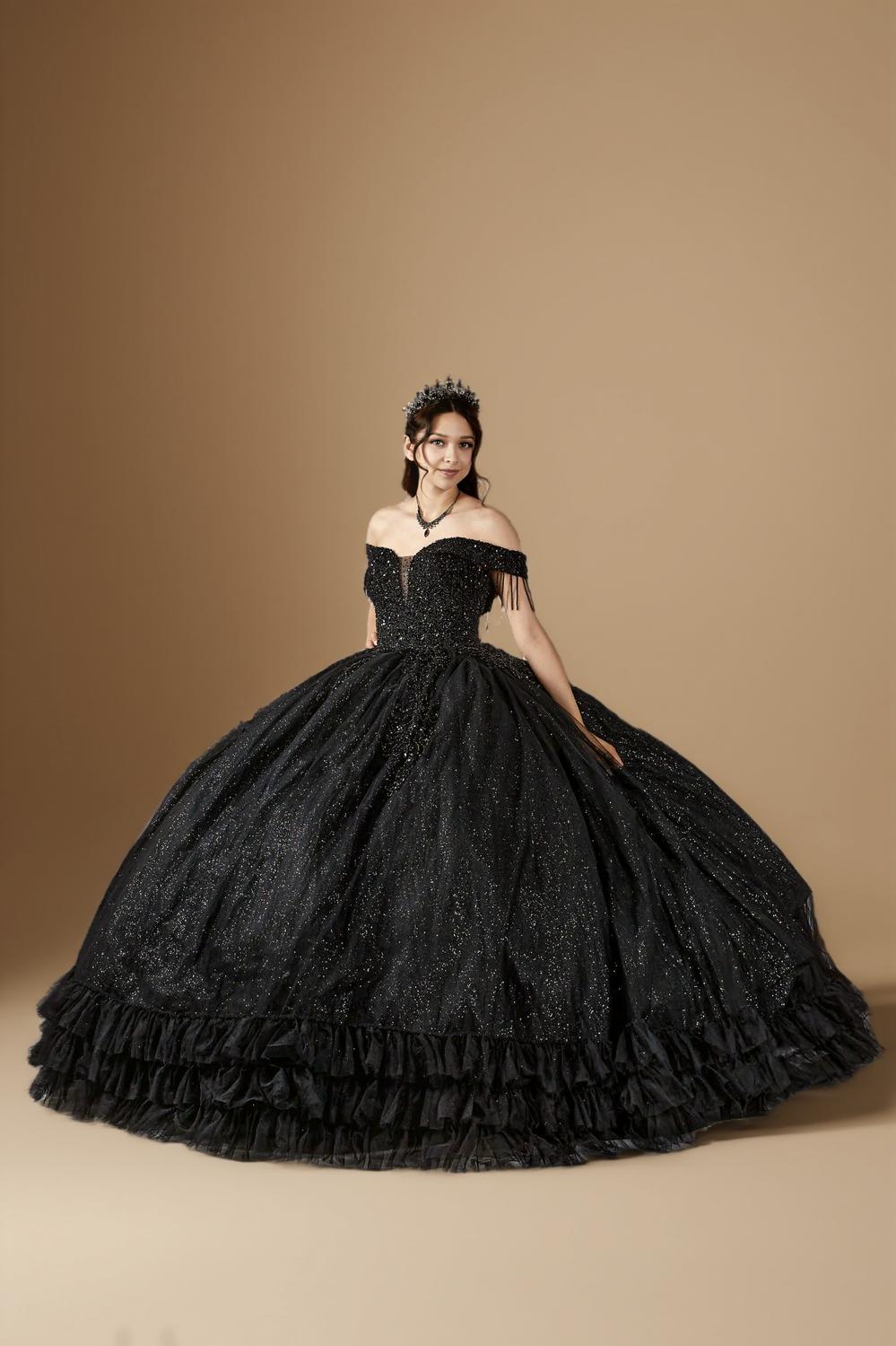 Black Off Shoulder Fringe Quinceanera Dress Beaded Applique Glitter Tulle Ball Gown (ZD17603)