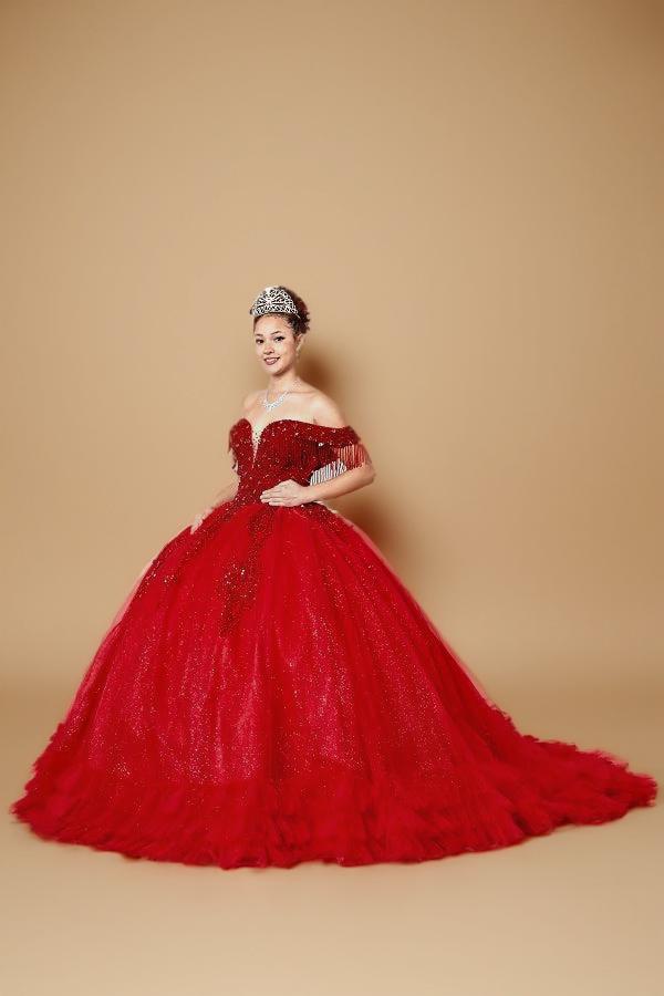 Black Off Shoulder Fringe Quinceanera Dress Beaded Applique Glitter Tulle Ball Gown (ZD17603)