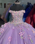 Lavender Applique Off Shoulder Shiny Elegant Tulle Ball Gown 3D Flowers Princess Dress Sweet 15th Y285 by simplepromdress