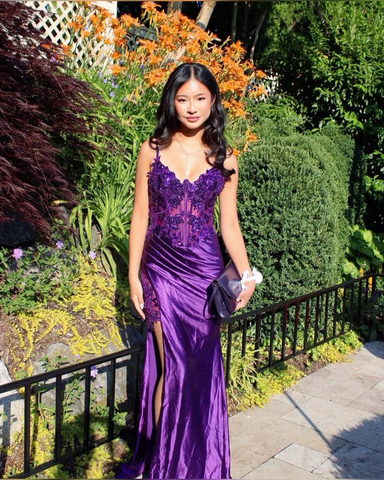Gorgeous Purple Satin Lace Appliques Evening Dress Slit Mermaid Prom Dress Y8112
