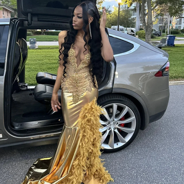 Luxurious Satin Beaded Feathers Evening Gown Long Slit Prom Dress Y7948 by simplepromdress