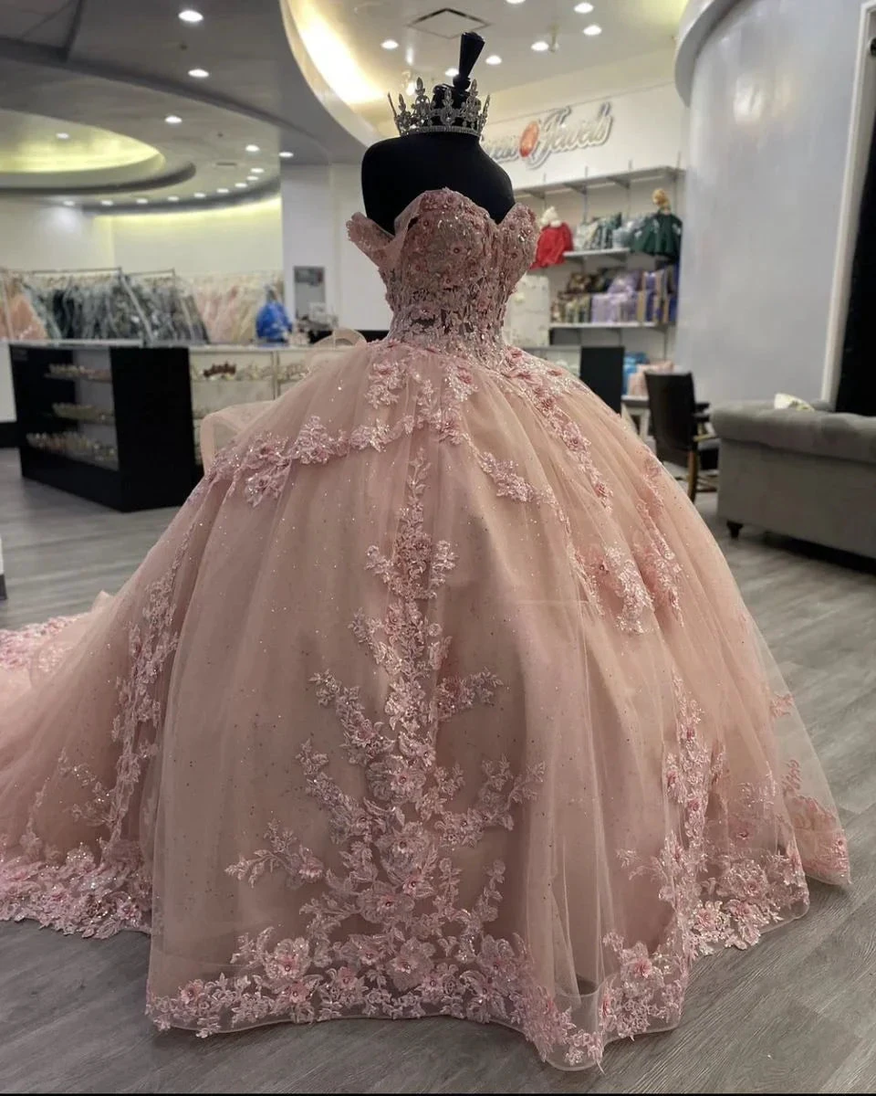 Pink Lace Long Prom Dresses, Ball Gown Sweet 16 Dresses Y5471 by simplepromdress