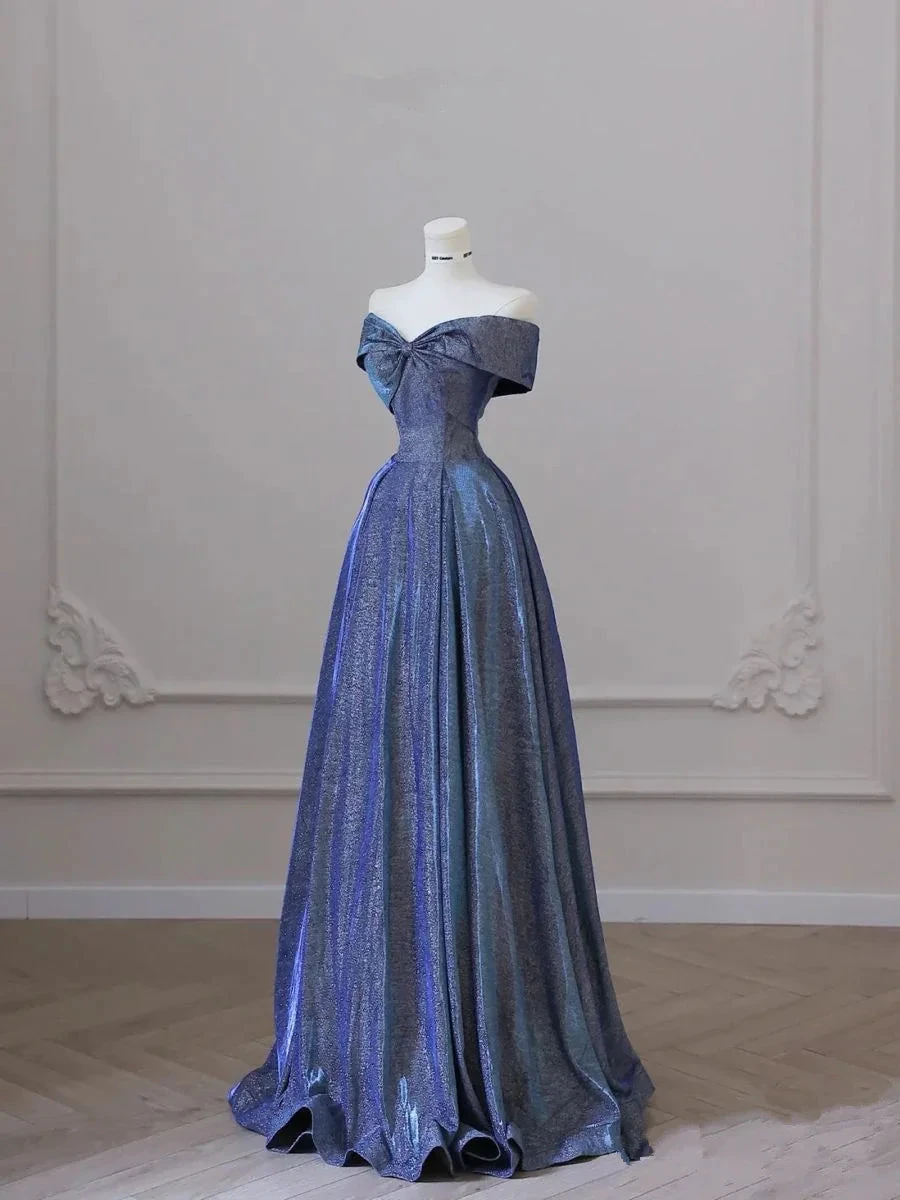 Shimmery off-shoulder blue evening gown on mannequin in elegant room, ZAPDRESS fashion