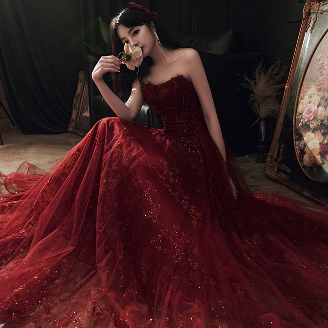 Wine Red Floral Lace and Tulle Long Evening Gown Party Dress Burgundy Formal Dresses Y1661 Hover Image