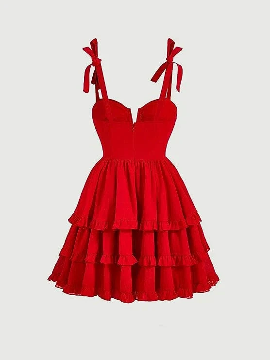 Red A-line Tie Shoulder Ruffle Hem Homecoming Dress Y2720 by simplepromdress