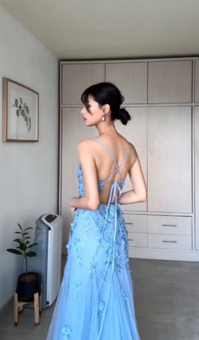 Classy Blue Tulle Appliques Mermaid Evening Dress Long Prom Dress Y8156