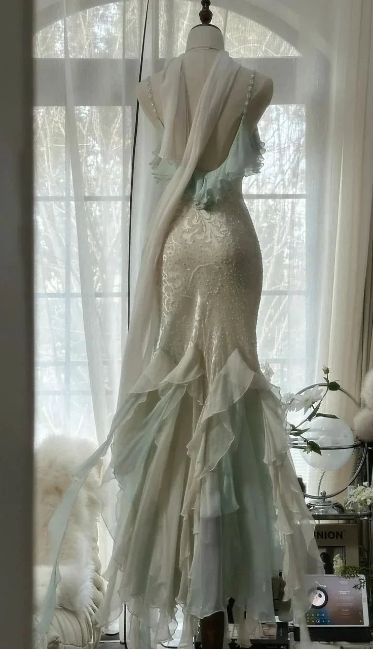 Classy Mint Green Temperament Mermaid Spaghetti Strap Chiffon Beaded Evening Dress Formal Prom Dress Y8546 by simplepromdress
