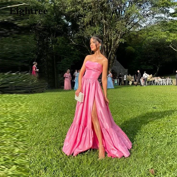Simple Pink Long A Line Prom Dress Strapless Sleeveless Club Gowns Side Slit Formal Party Night Evening Dress Y6242 by simplepromdress