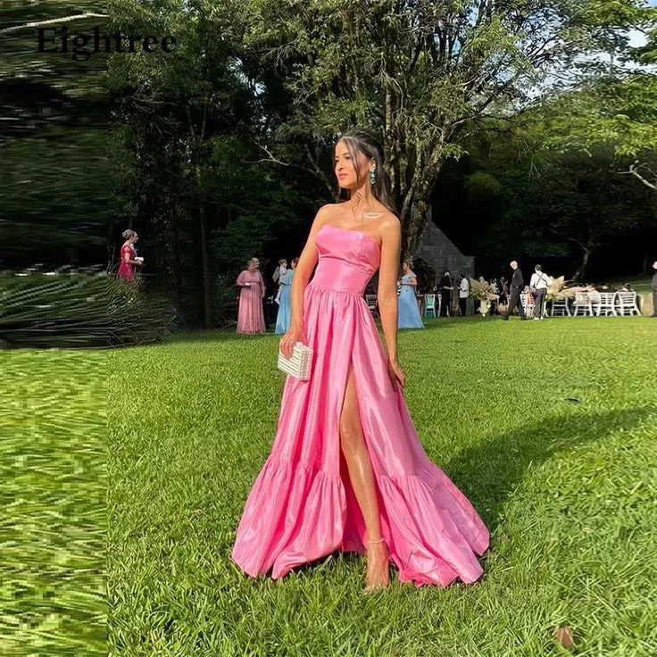 Simple Pink Long A Line Prom Dress Strapless Sleeveless Club Gowns Side Slit Formal Party Night Evening Dress Y6242 by simplepromdress