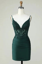 Bodycon Dark Green Spaghetti Straps Corset Homecoming Dress with Beading by WEDTREND