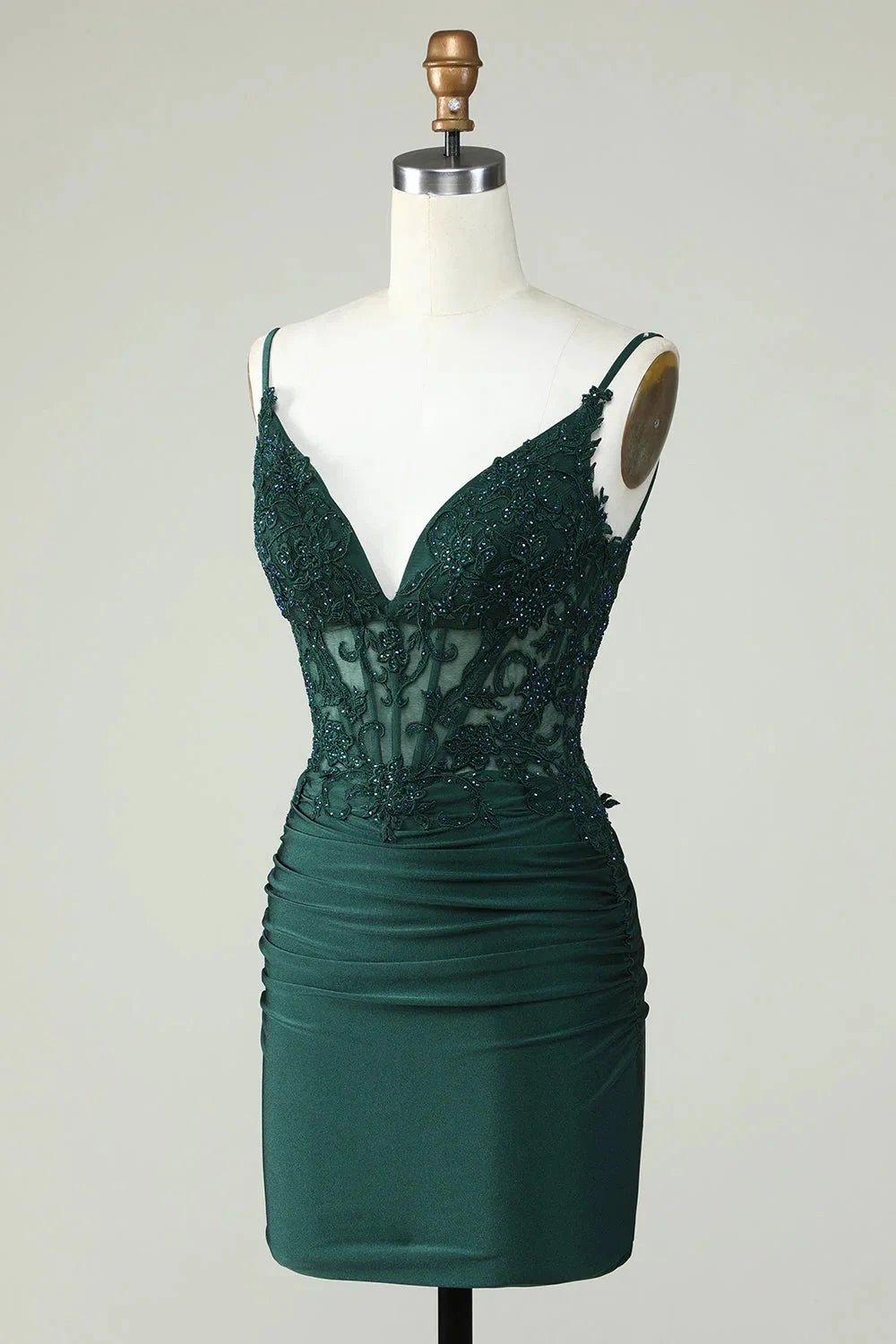 Bodycon Dark Green Spaghetti Straps Corset Homecoming Dress with Beading by WEDTREND