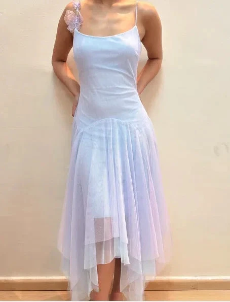 Lilac Tulle A Line Party Dress Straps Homecoming Dress With Flowers Y8143 by simplepromdress