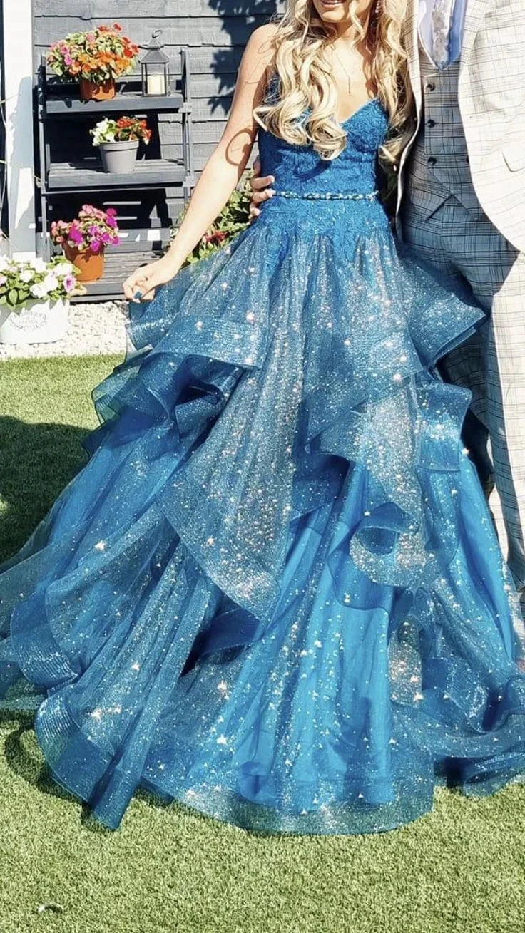 Shiny Blue V-neck Tulle Appliques Sequins Long Prom Dress Spaghetti Strap Evening Dress Y8051 by simplepromdress