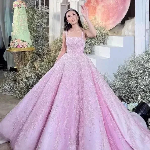New Arrival Pink Straps Sequin Beaded Long Ball Gown Formal Occasion Gowns Y4918 by simplepromdress
