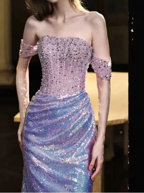Glitter Off Shoulder Beaded Sequin Mermaid Prom Purple Formal Evening Gown Y8182 by simplepromdress
