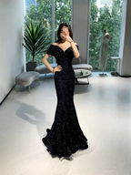 Off The Shoulder Black Mermaid Prom Dress,Black Evening Dress Y4022 by simplepromdress