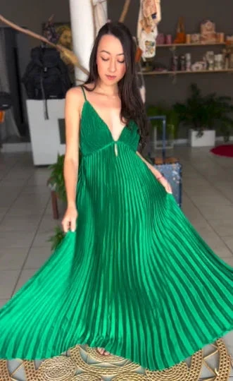 Green Spaghetti Straps Pleated V Neck Party Prom Dress A Line Evening Gown Y7958 by simplepromdress