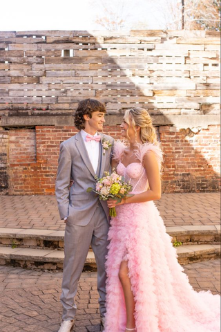 Pink Tulle Ruffled Gown Tulle Prom Dress Corset Tulle Evening Dress Y6093