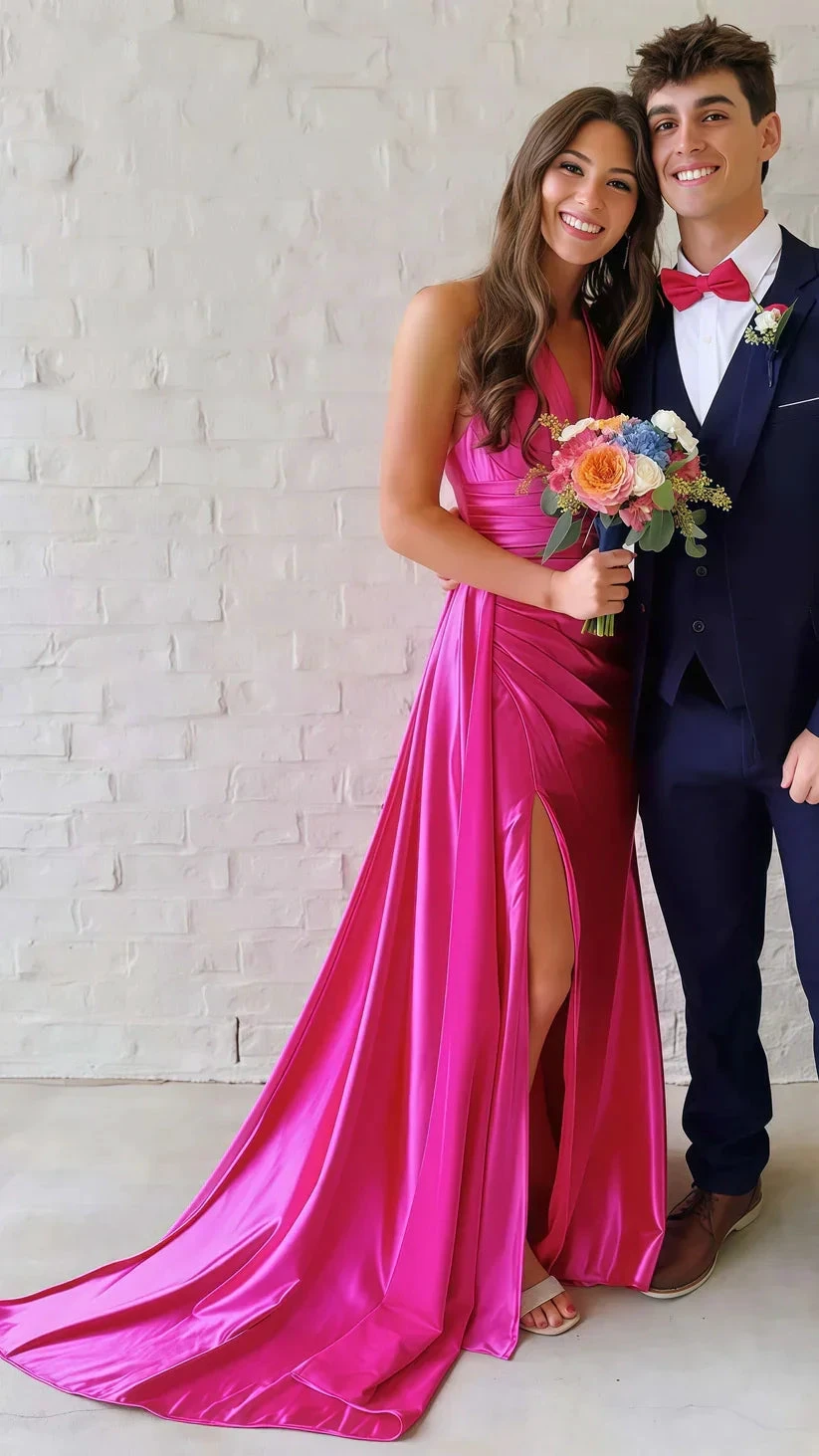 Green Halter V-Neck Ruched Bodycon Prom Dress,Long Slit Evening Gown Y8022 by simplepromdress