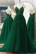 Pretty V Neck Green Lace Floral Long Prom Dresses, A Line Tulle Formal Evening Dresses Y4251 by simplepromdress